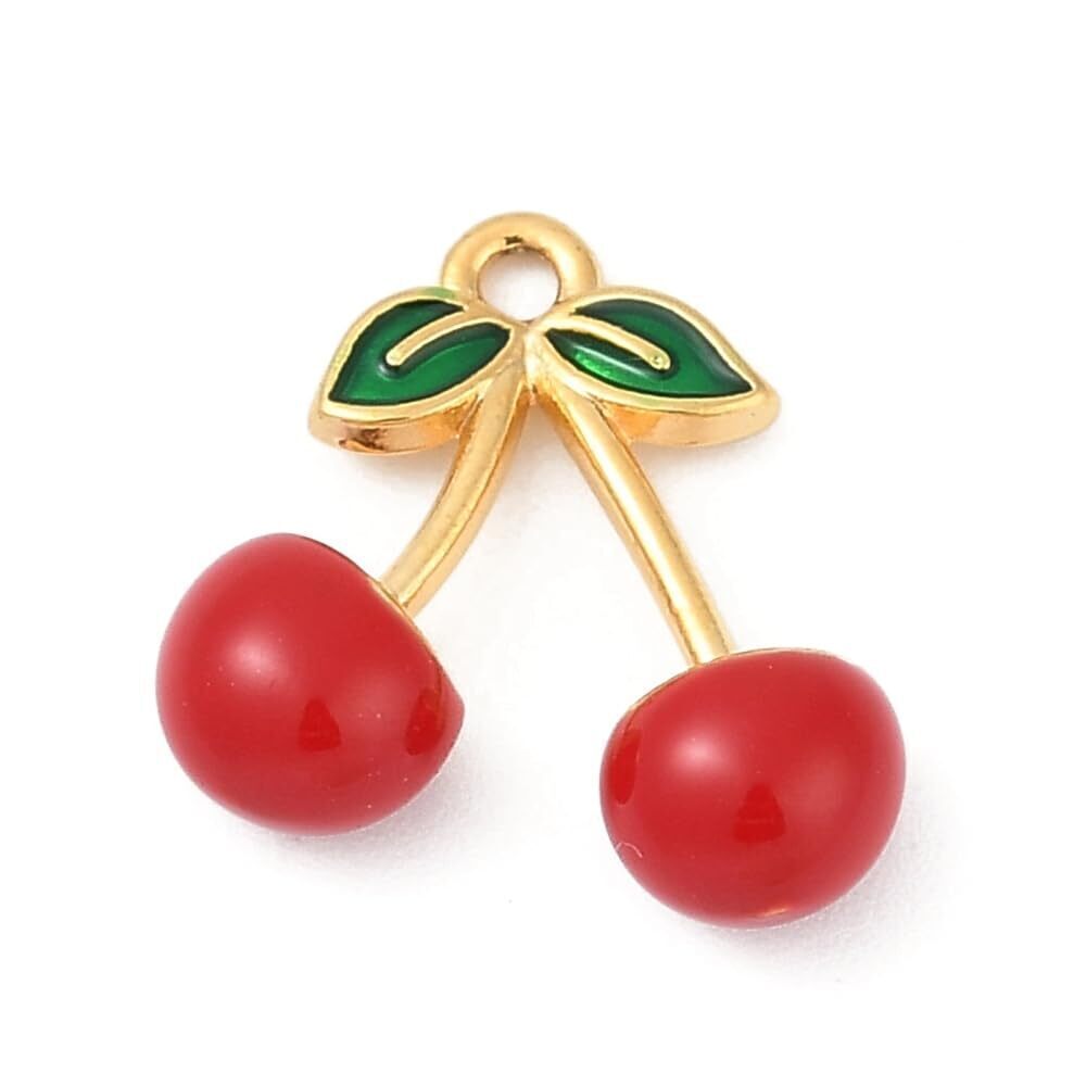 2974 7Pcs Cute Red Cherry Charms with Green Leaf 3D Imitation Fruit Brass